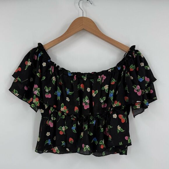 Zara Off Shoulder Fruit & Floral Print Ruffle Chiffon Top | Black/Multi | Medium - Picture 5 of 6